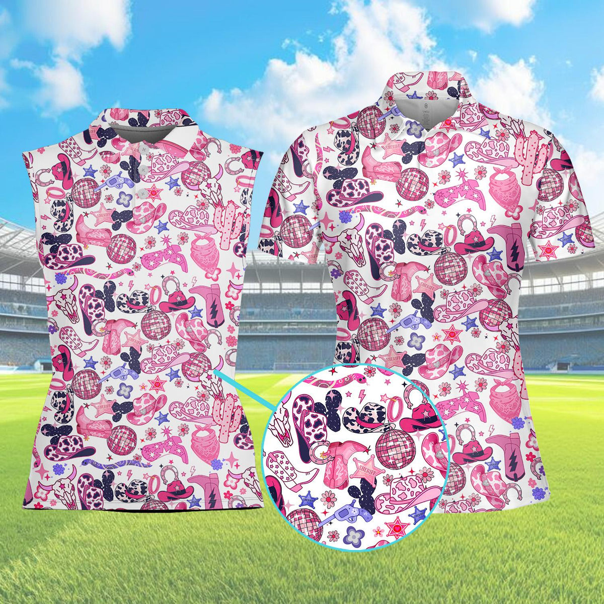Country disco polo shirt featuring pink and purple cowboy hats and disco balls on a white background, front view 3