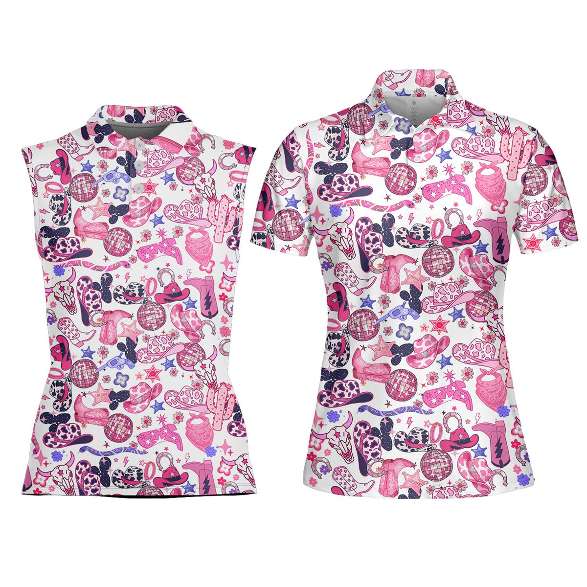 Country disco polo shirt featuring pink and purple cowboy hats and disco balls on a white background, front view 4