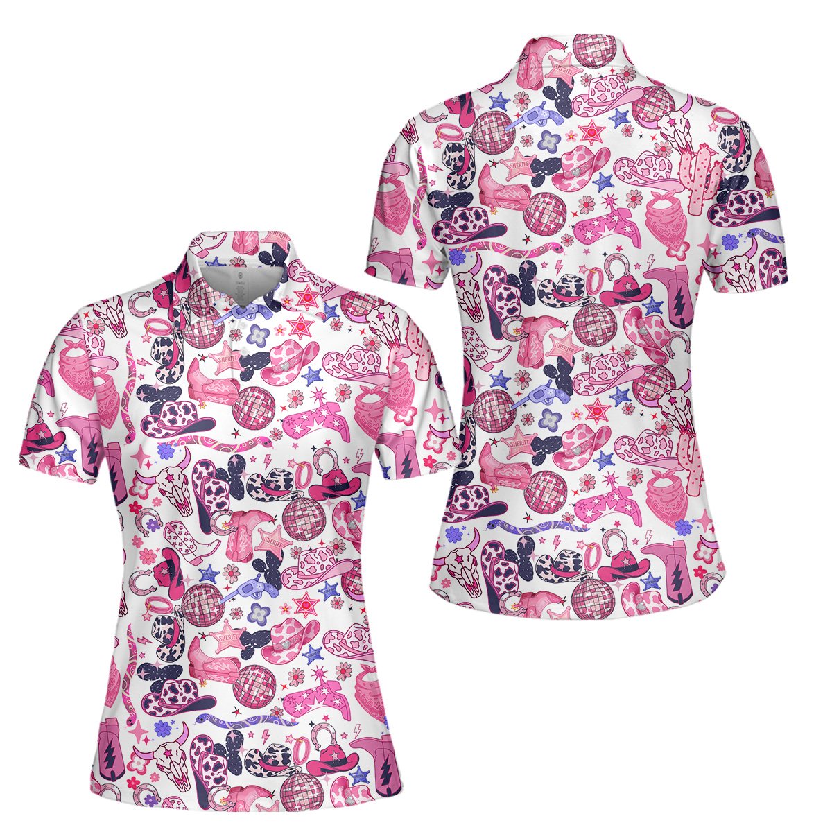 Country disco polo shirt featuring pink and purple cowboy hats and disco balls on a white background, front view 5