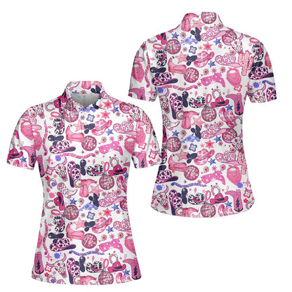 Country disco polo shirt featuring pink and purple cowboy hats and disco balls on a white background, front view 5