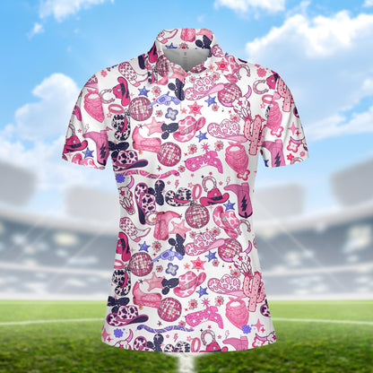 Country disco polo shirt featuring pink and purple cowboy hats and disco balls on a white background, front view 6