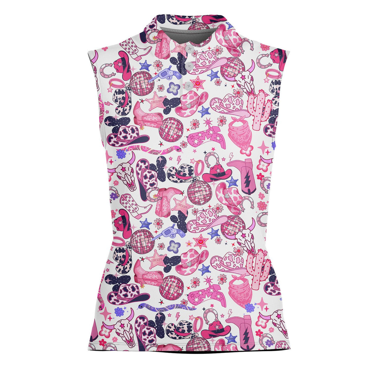 Country disco polo shirt featuring pink and purple cowboy hats and disco balls on a white background, main view