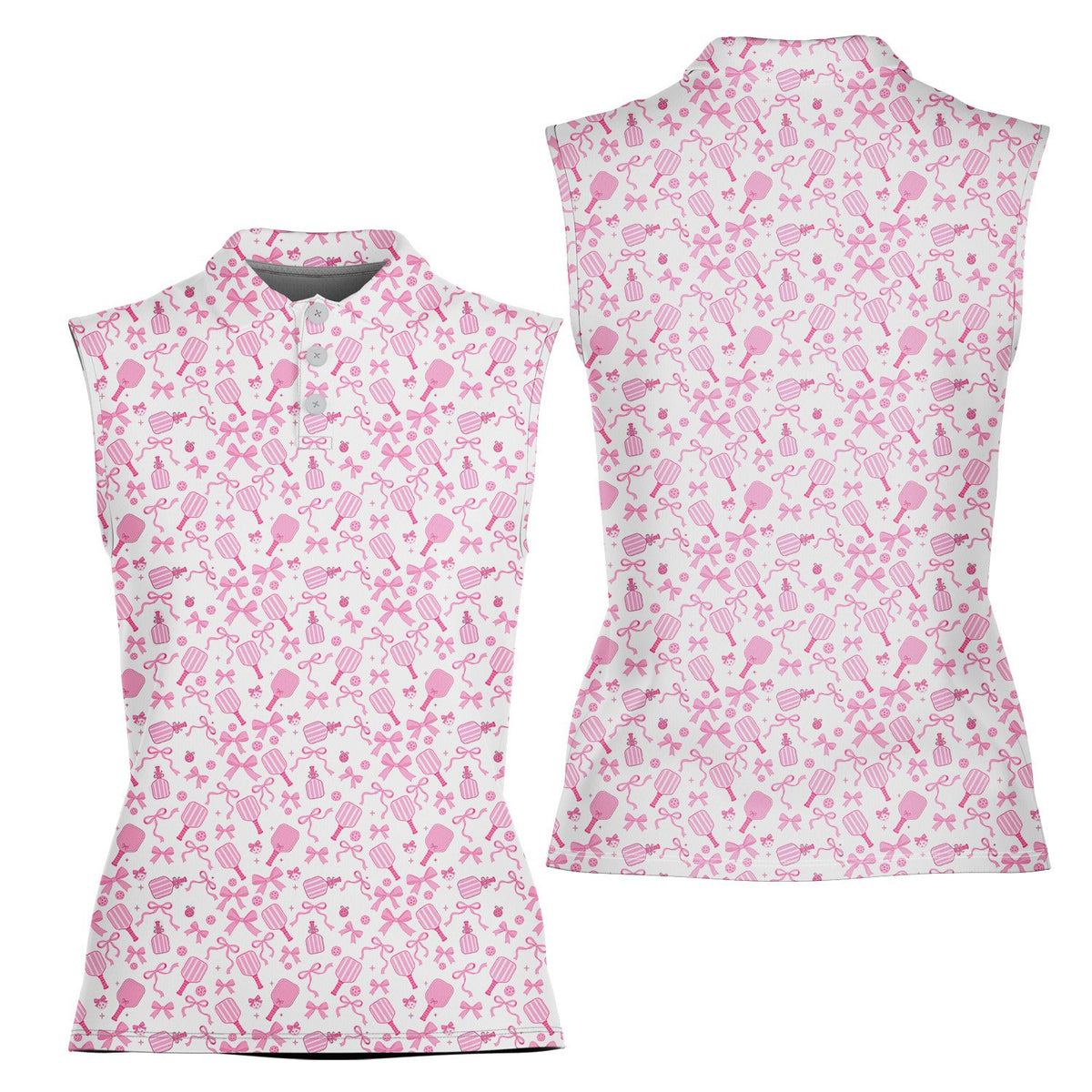 Detailed front view showing the pink polo shirt pattern