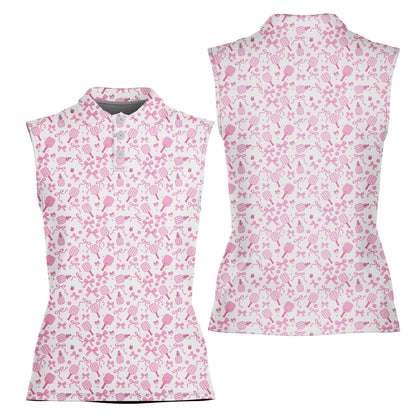 Detailed front view showing the pink polo shirt pattern