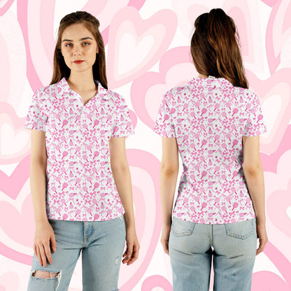 Lifestyle shot of a person wearing the cute pink polo shirt outdoors