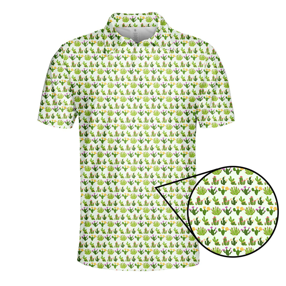 Detail view of the floral cactus pattern on the polo shirt fabric