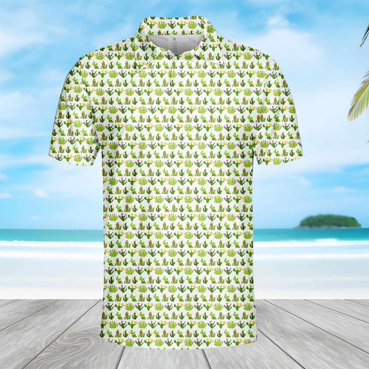 Another front view of the summer polo shirt with cactus pattern