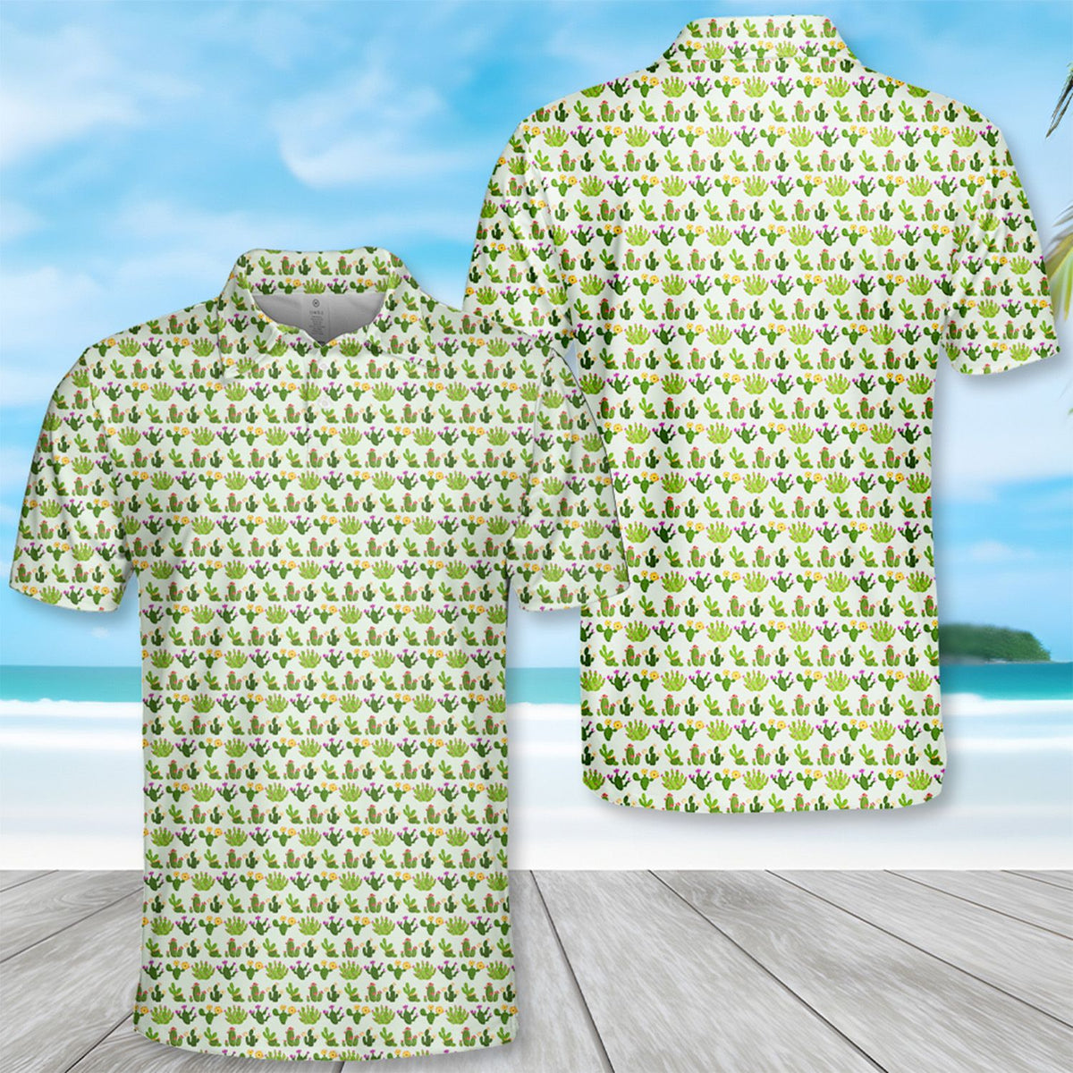 Close up front view of the cactus polo shirt
