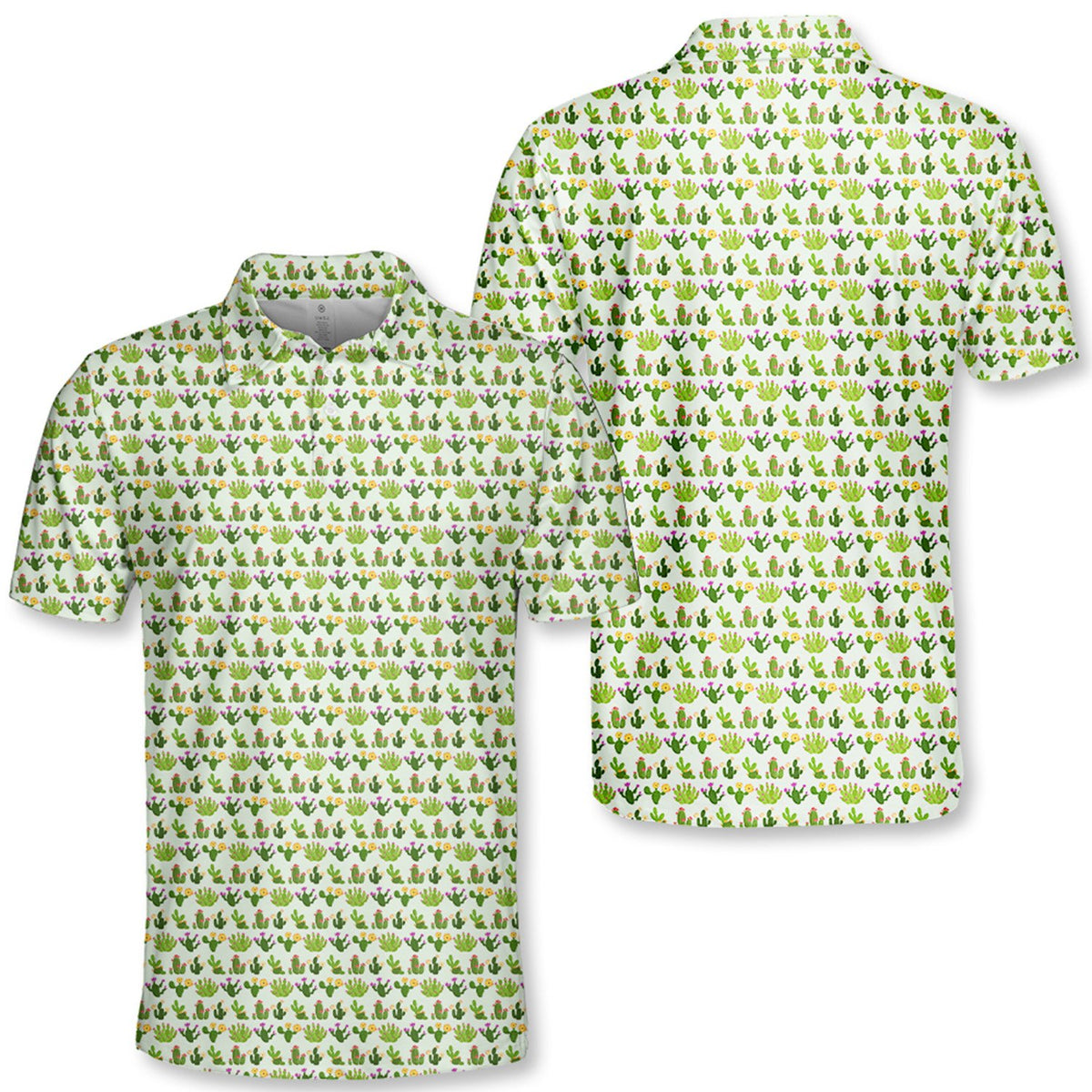 Desert / cactus polo shirt with white background and green cactus pattern, main view