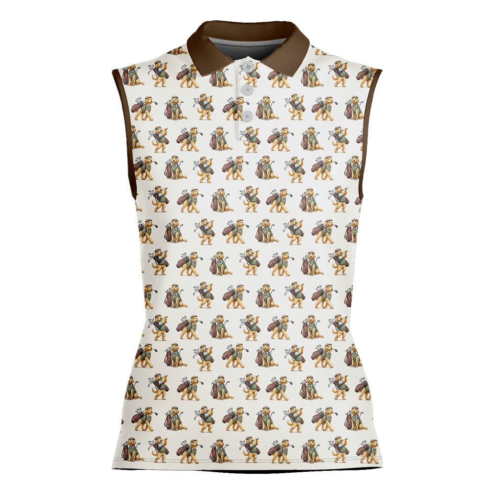 Detailed front view of the Dog Golf Polo Shirt showing the Golden Retriever playing golf