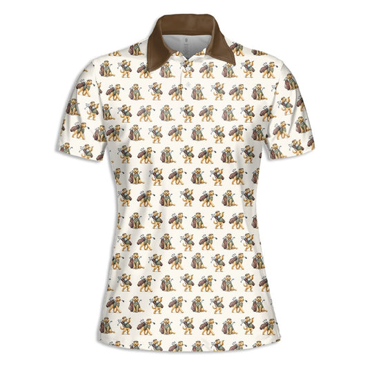 Dog Golf Polo Shirt in cream with repeating Golden Retriever pattern, main view