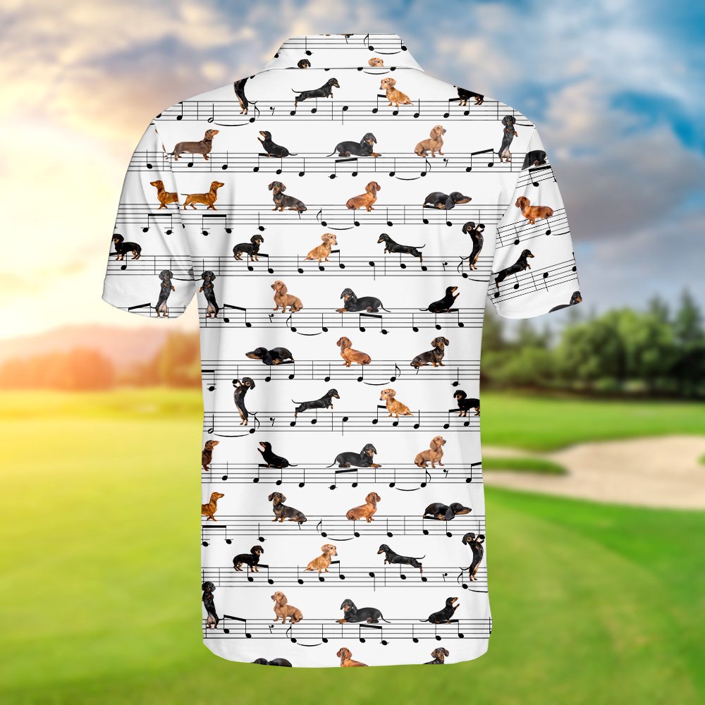 White music polo shirt with dachshund notes pattern, back detail view two