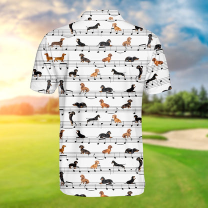 White music polo shirt with dachshund notes pattern, back detail view two