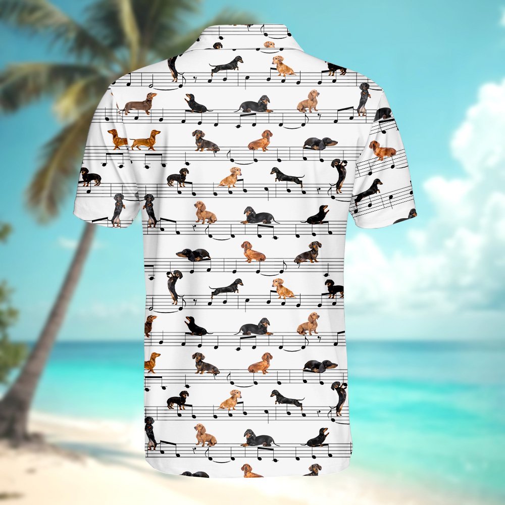 White music polo shirt with dachshund notes pattern, back detail view three