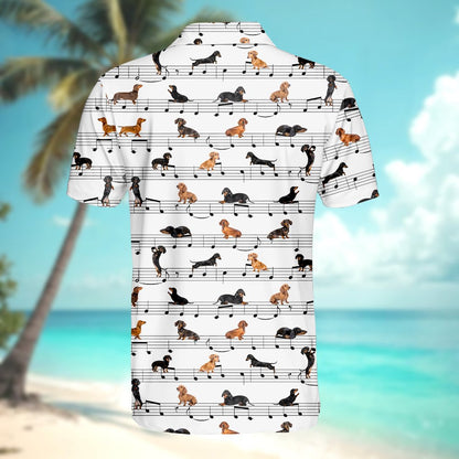 White music polo shirt with dachshund notes pattern, back detail view three