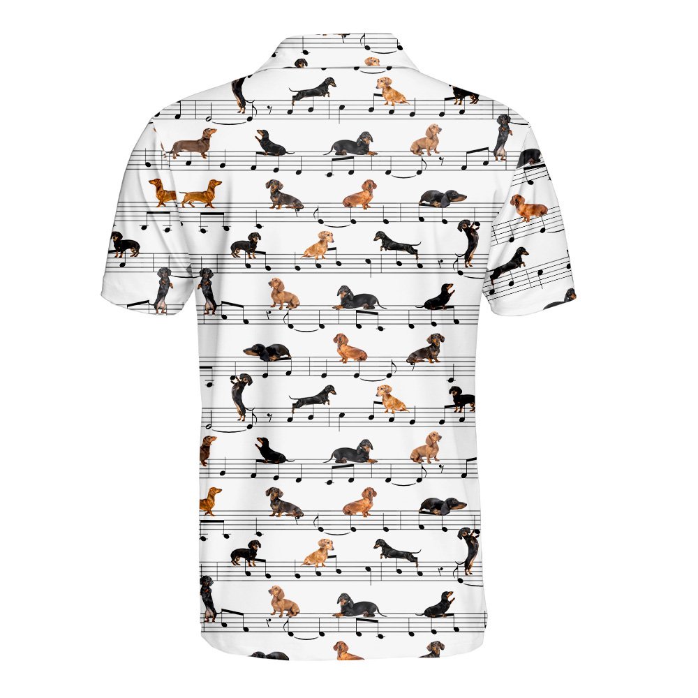White music polo shirt with dachshund notes pattern, back view