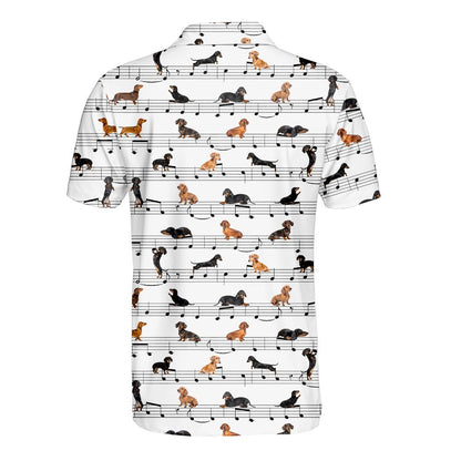 White music polo shirt with dachshund notes pattern, back view