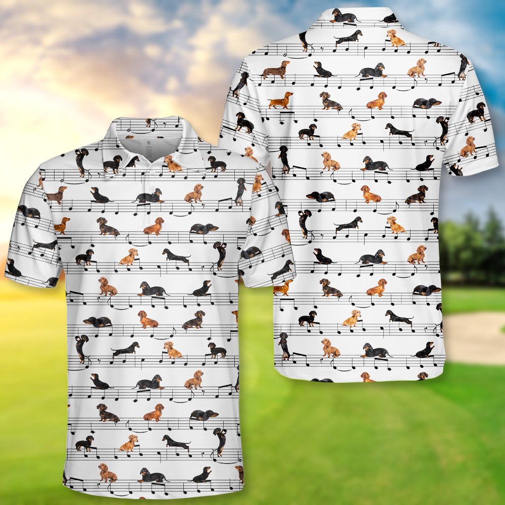 White music polo shirt with dachshund notes pattern, front detail view two