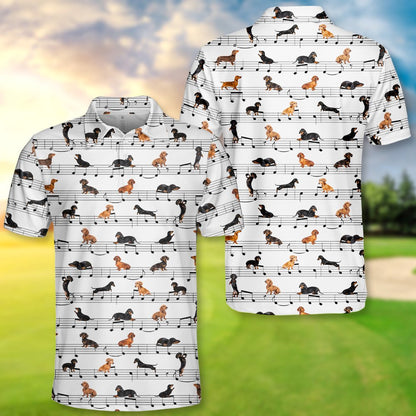 White music polo shirt with dachshund notes pattern, front detail view two