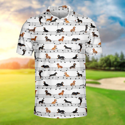 White music polo shirt with dachshund notes pattern, front detail view three