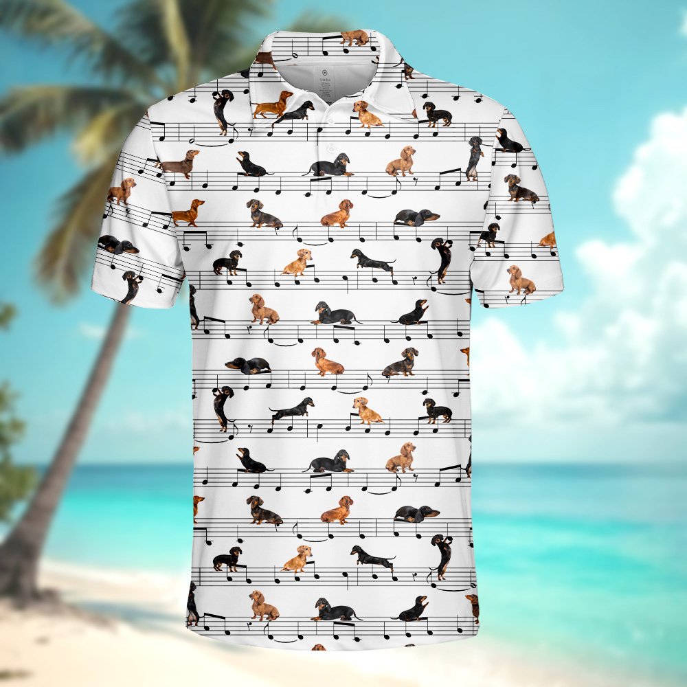 White music polo shirt with dachshund notes pattern, front detail view four
