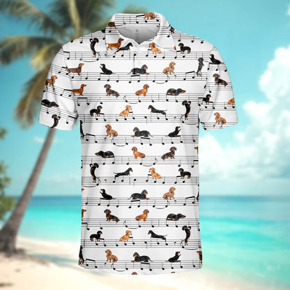 White music polo shirt with dachshund notes pattern, front detail view four