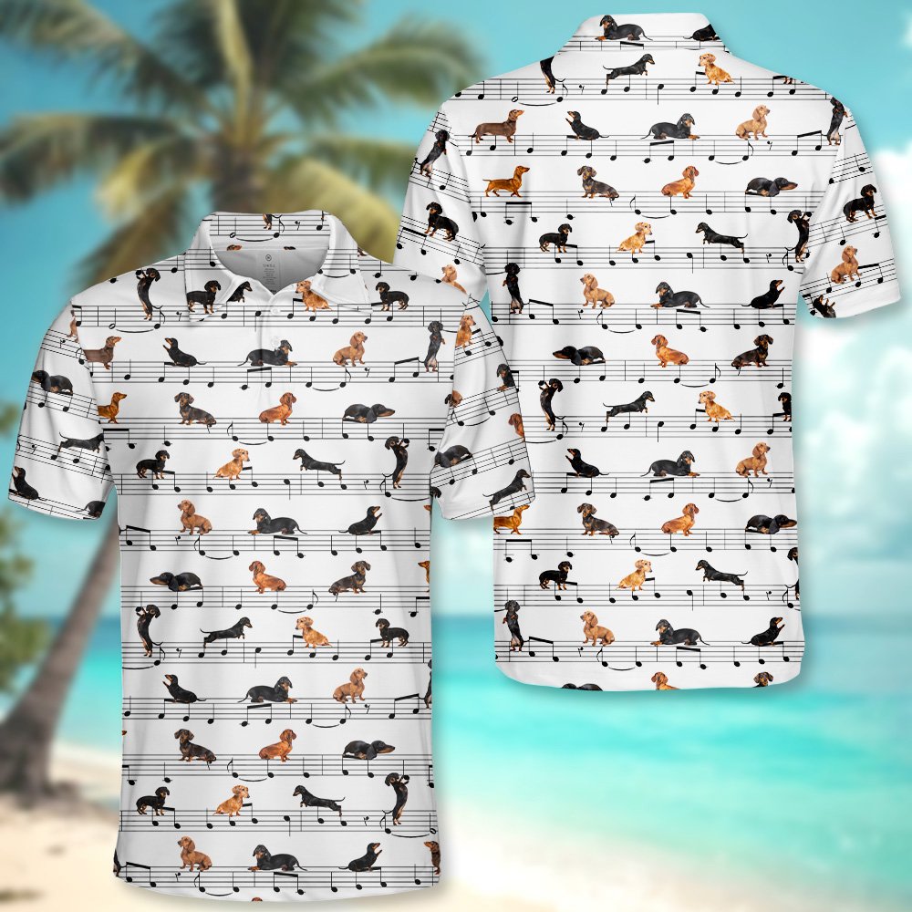 White music polo shirt with dachshund notes pattern, front detail view five