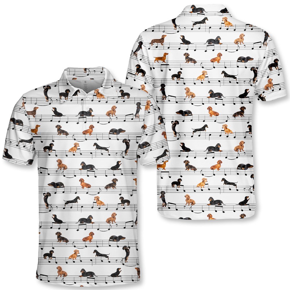 White music polo shirt with dachshund notes pattern, front view
