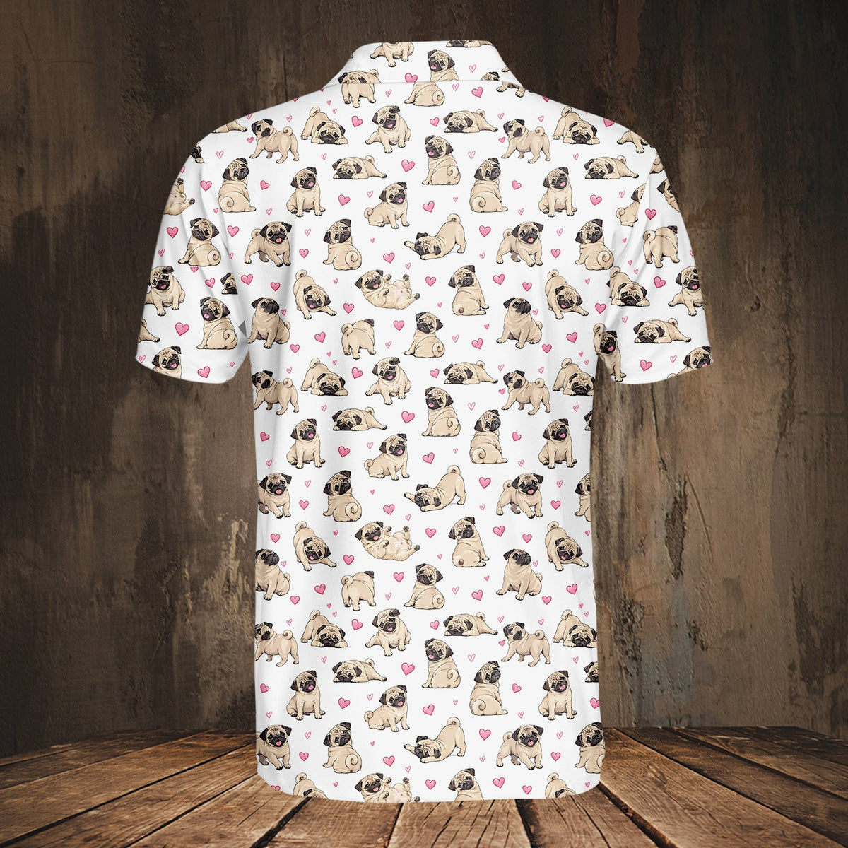 Pug dogs and pink hearts polo shirt, alternate back view