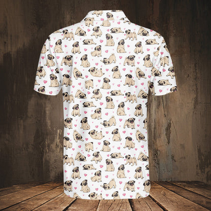 Pug dogs and pink hearts polo shirt, alternate back view