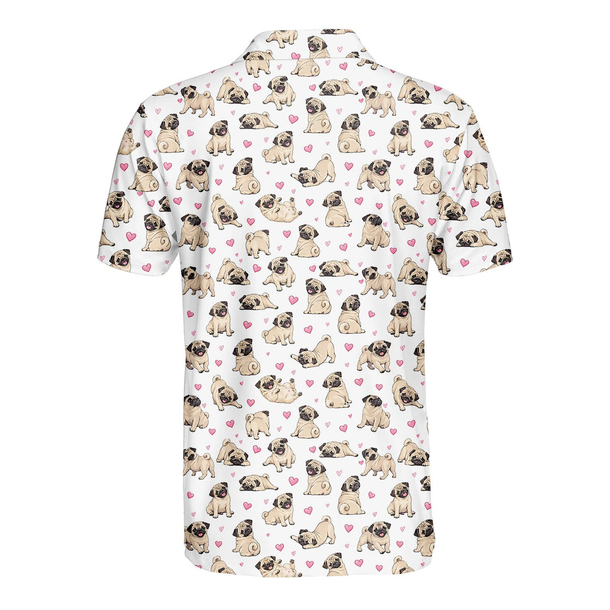 Pug dogs and pink hearts polo shirt, detailed back view