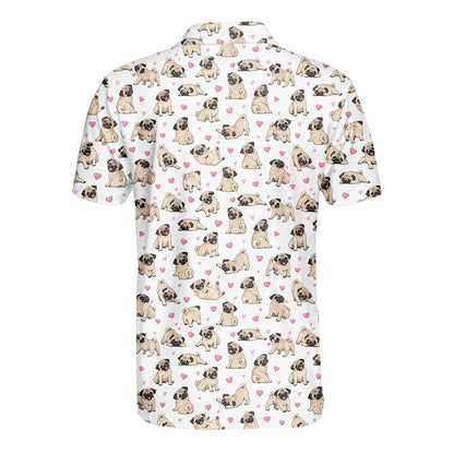 Pug dogs and pink hearts polo shirt, detailed back view