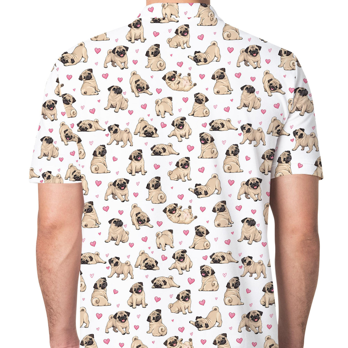 Pug dogs and pink hearts polo shirt, back view