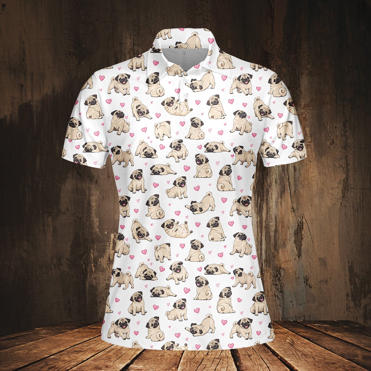 Pug dogs and pink hearts polo shirt, alternate front view