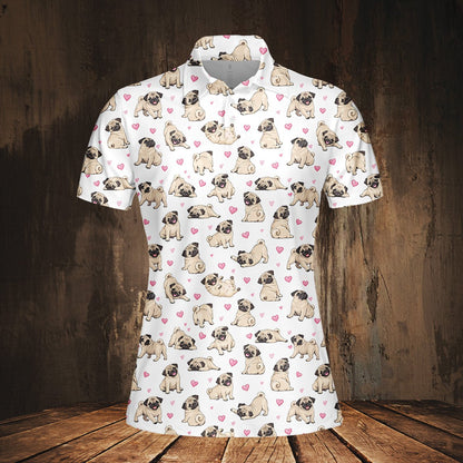 Pug dogs and pink hearts polo shirt, alternate front view