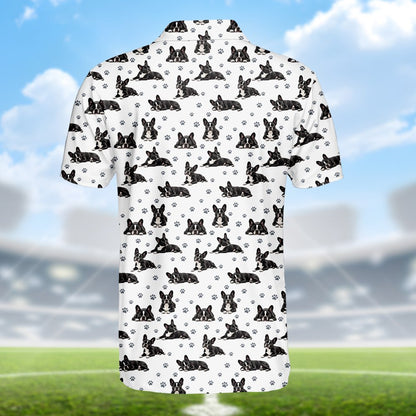 White polo shirt featuring all-over black and white French Bulldogs print, alternate back view