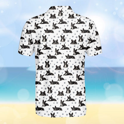 White polo shirt featuring all-over black and white French Bulldogs print, detailed back view