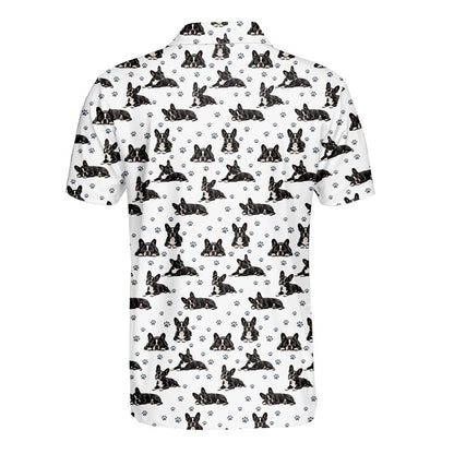 White polo shirt featuring all-over black and white French Bulldogs print, back view