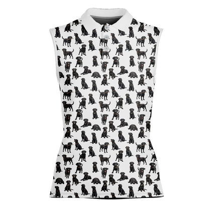 Close up of the men's white polo shirt with black Labrador dogs, front view