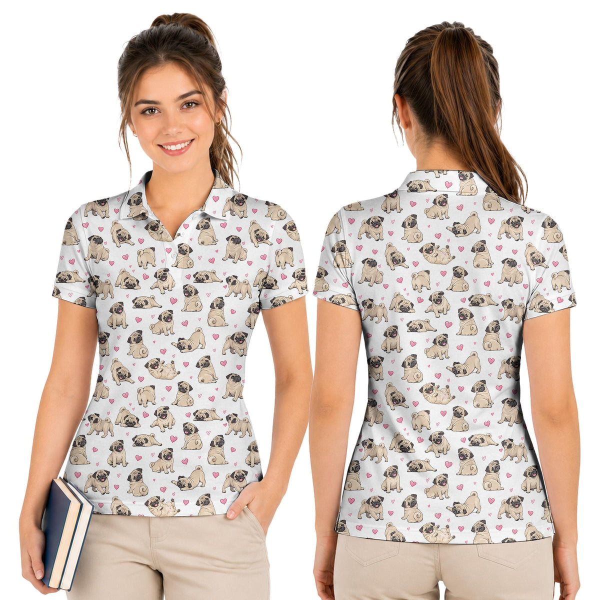 Pug dogs and pink hearts polo shirt, detailed front view