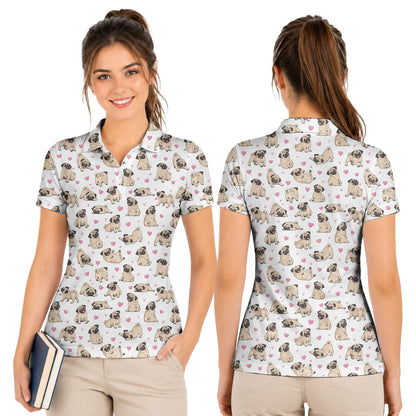 Pug dogs and pink hearts polo shirt, detailed front view
