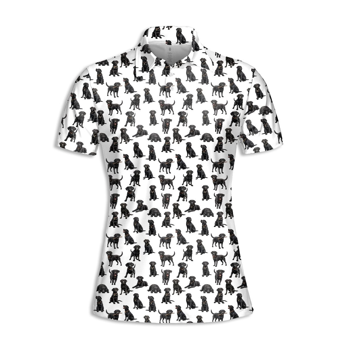 White polo shirt featuring an all-over black Labrador dog pattern, front view