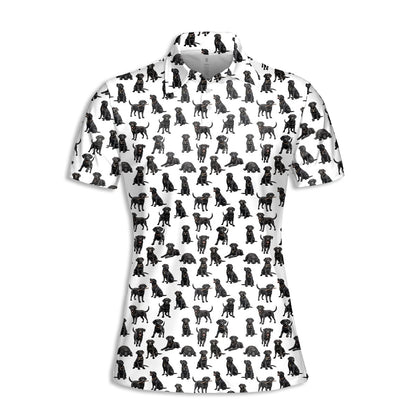 White polo shirt featuring an all-over black Labrador dog pattern, front view