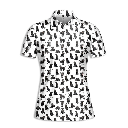 White polo shirt featuring an all-over black Labrador dog pattern, front view