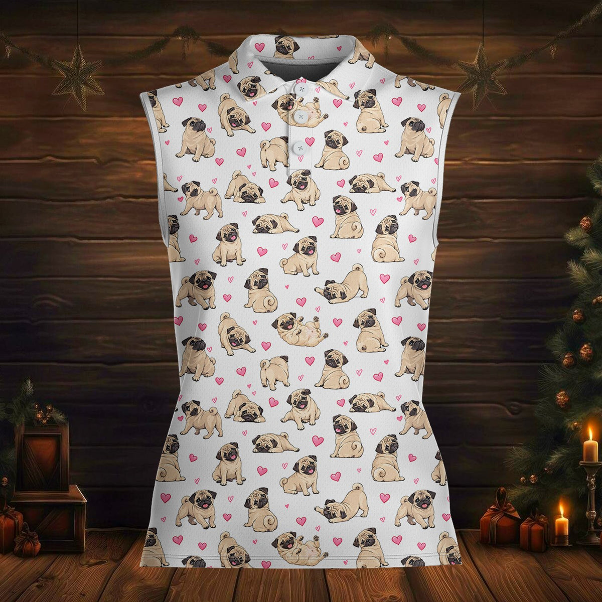 Pug dogs and pink hearts polo shirt, main view