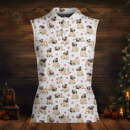 Pug dogs and pink hearts polo shirt, front view