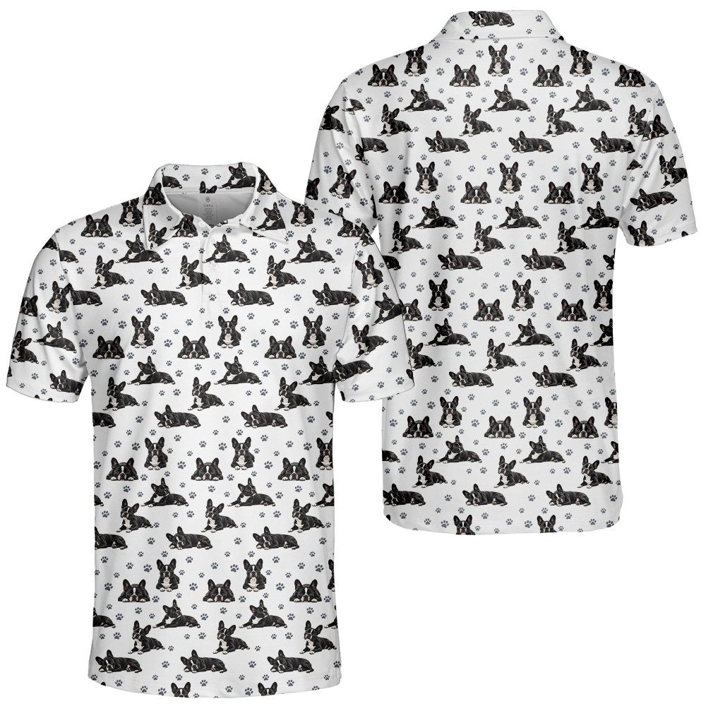 White polo shirt featuring all-over black and white French Bulldogs print, main view