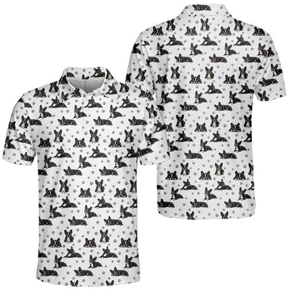 White polo shirt featuring all-over black and white French Bulldogs print, detailed main view