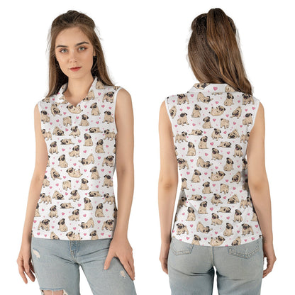 Pug dogs and pink hearts polo shirt, lifestyle view