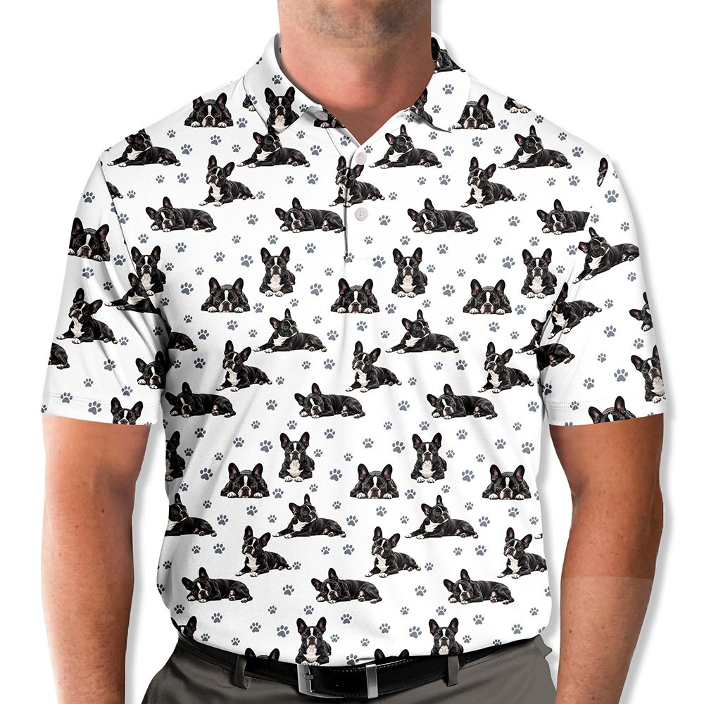 Lifestyle view of a person wearing the white polo shirt with French Bulldogs print